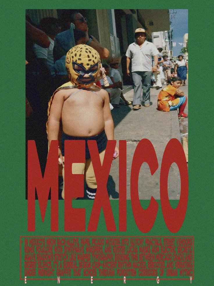 Child in a jaguar lucha libre mask on a busy Mexico City street
