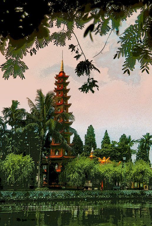 Tran Quoc Pagoda rising through tropical trees at dusk, Hanoi